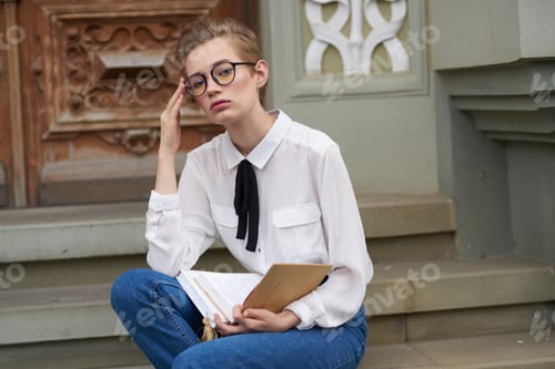Preview: student with glasses walking around the city with a book education