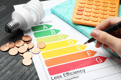Preview: Woman with pen, energy efficiency rating chart, coins, light bulb and calculator at table, closeup