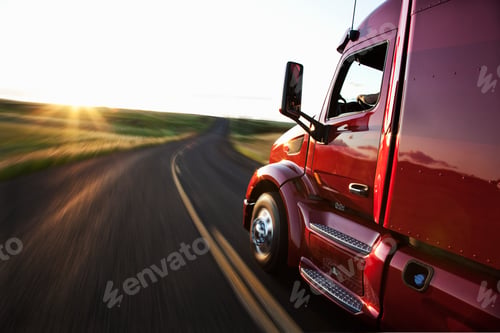 Preview: Close up side view looking forward of a commercial truck on a highway at sunset.