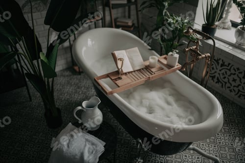 Preview: Luxury interior of eco style modern bathroom with oval bathtub and book on bamboo wood tray