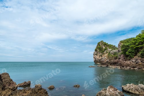 Preview: Rock coast with sea and blue sky view,Summer landscape scene