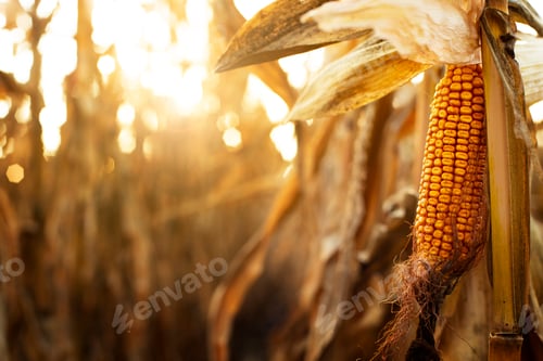 Preview: Dry corn stalks with cobs backlit by sun at fields autumn time