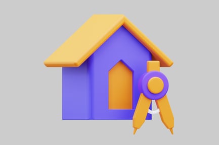 House with arched window and drafting tools