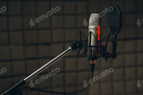 Preview: Pan shot of a professional microphone for dubbing and voice over in the sound recording studio.