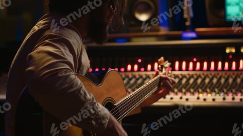 Preview: Songwriter composing a song with sound engineer in professional studio