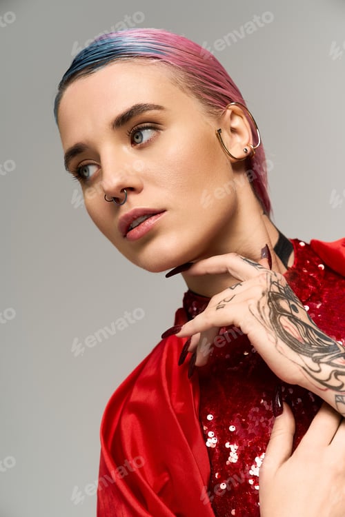 Preview: Festive winter celebration featuring a stunning young woman with colorful hair and tattoos
