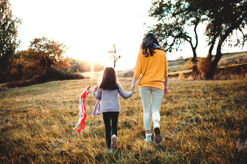 Preview: Rear view of young mother with a small daughter walking in autumn nature at sunset.