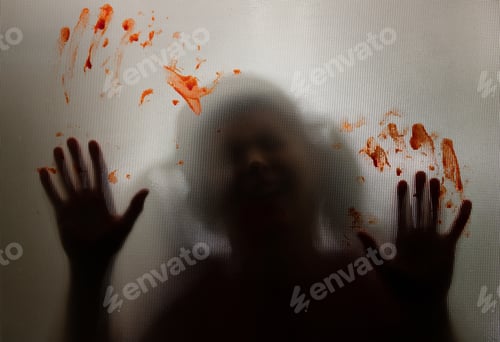 Preview: Shadowy figure, child with blooded hands behind glass - horror background