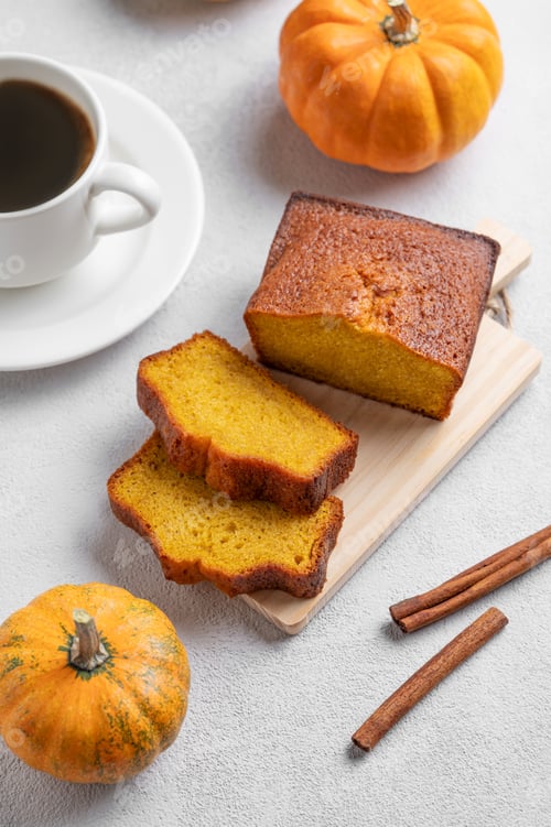 Preview: Pumpkin sweet bread with cinnamon on a wooden board on a light background with decorative pumpkins