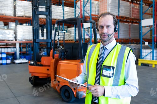 Preview: Wearing safety vest and headset, warehouse manager holding clipboard overseeing operations, copy spa