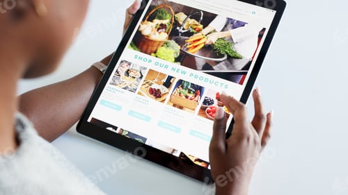 Preview: Social media, food and blog by woman influencer on digital tablet, checking homepage design and lay