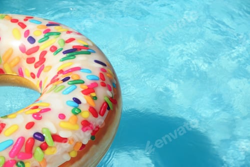 Preview: Bright inflatable doughnut ring floating in swimming pool on sunny day. Space for text