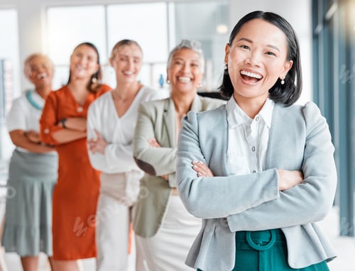 Preview: Asian woman, teamwork portrait and office team of leadership, company management and vision. Divers