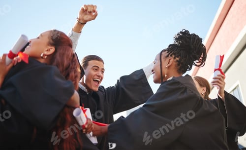 Preview: Celebration, happy and student graduation at a certificate, diploma and education success event. St