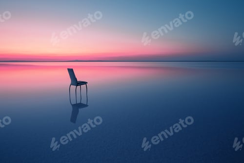 Preview: Chair among smooth water of lake at the sunset