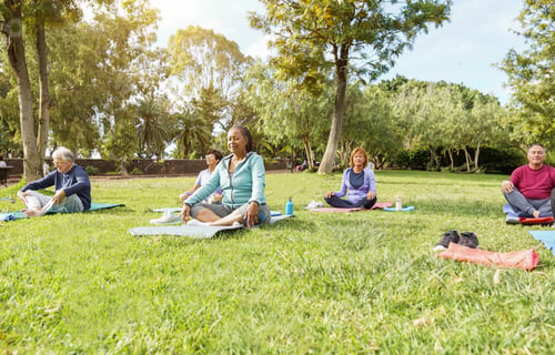 Preview: Multiracial senior people doing yoga outdoor at city park