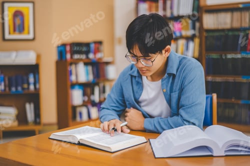 Preview: Male college students are working on laptops and searching for books to study, make reports,