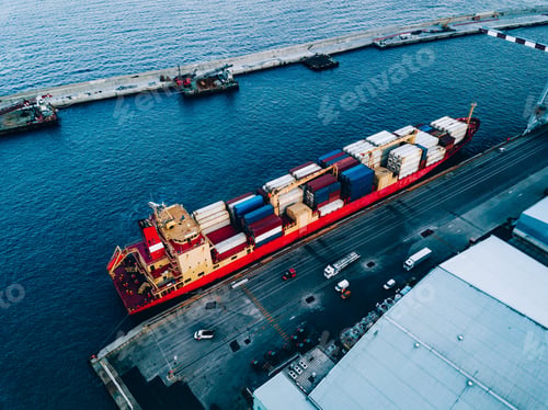 Preview: Aerial top view of industrial cargo container ship in terminal in Italy