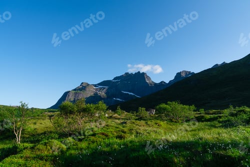 Preview: Lofoten island, Norway Summer Landscape Lofoten is known for a distinctive scenery of mountains, sea