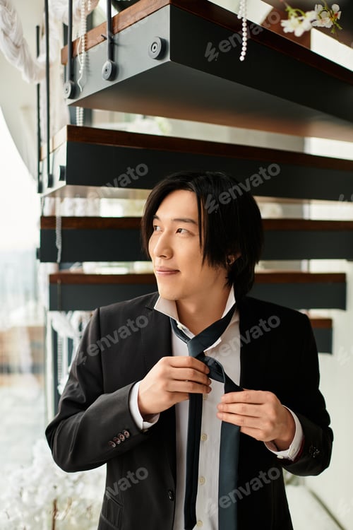 Preview: Charming groom adjusting tie while preparing for wedding day in stylish modern venue