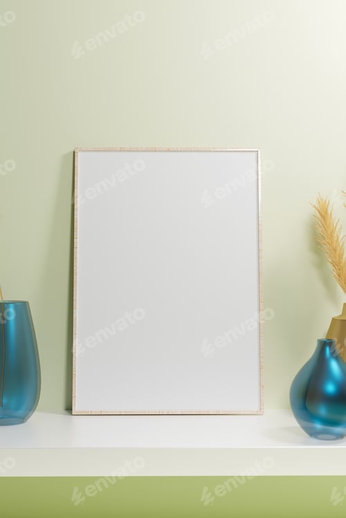 Preview: Portrait picture frame mockups on green wall. 3d render
