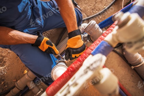 Preview: Professional Plumber Repairing Pipes With Tools in a Construction Area