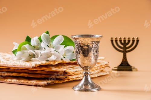 Preview: Happy Passover. Traditional Jewish menorah candlestick and matzo bread