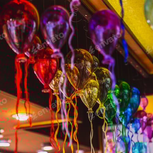 Preview: Moulticoloured group of glass balloons in a shop of artistic glass of Venice, Italy