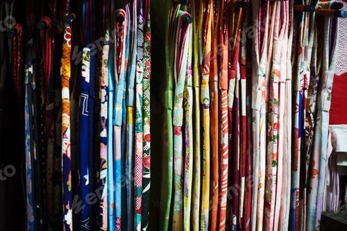 Preview: Rows of colourful fabric kimonos hanging up, traditional robe style.