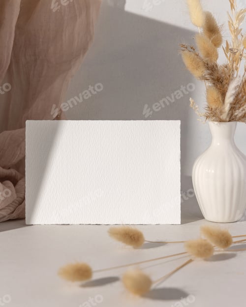 Preview: Mockup of blank card with beige and brown natural decor, boho wedding stationery, hard shadows