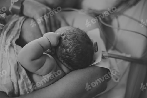 Preview: Newborn baby girl breastfeeding after birth
