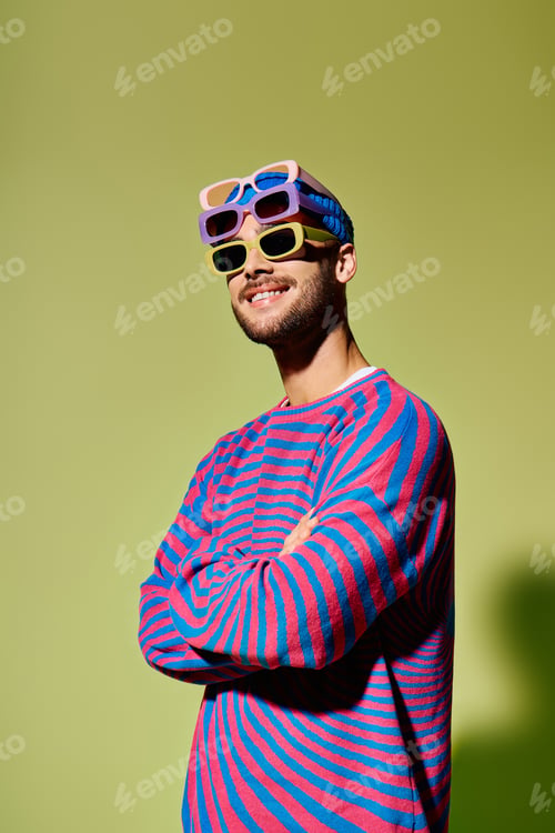 Preview: Young man showcases vibrant fashion statement in a lively studio setting
