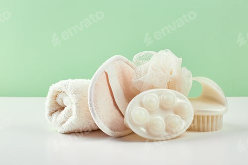 Preview: Bathroom Accessories - Shampoo, loofah, towel, bath salt and body brush
