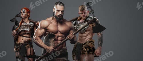 Preview: Three ancient vikings barbarians with muscular builds and axes