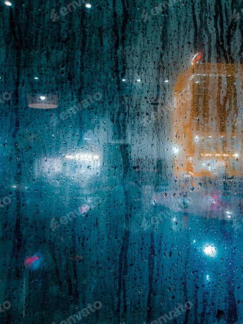 Preview: Window covered in raindrops with the bustling city street in the background
