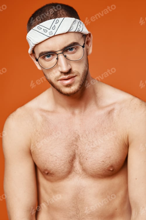 Preview: handsome man with glasses nude torso posing fashion sexy
