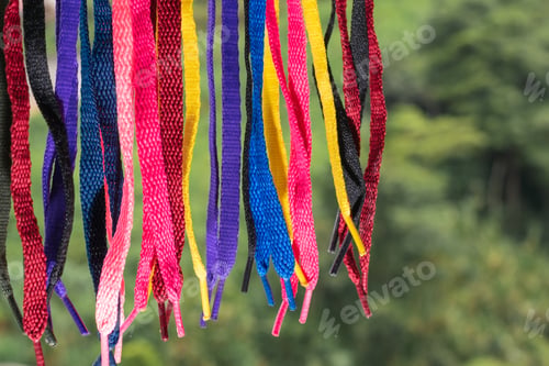 Preview: many colorful shoelaces, hanging over a dense jungle background, pointed down