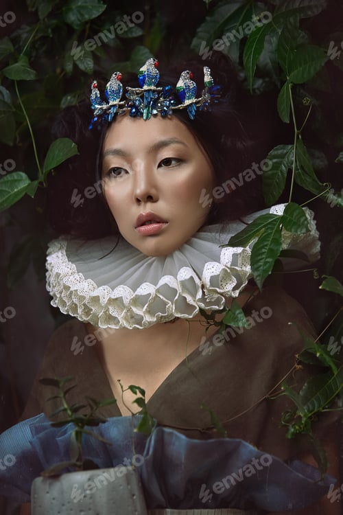 Preview: Art portrait of a girl Princess Queen in foliage and greenery, fabulous romantic image of an Asian