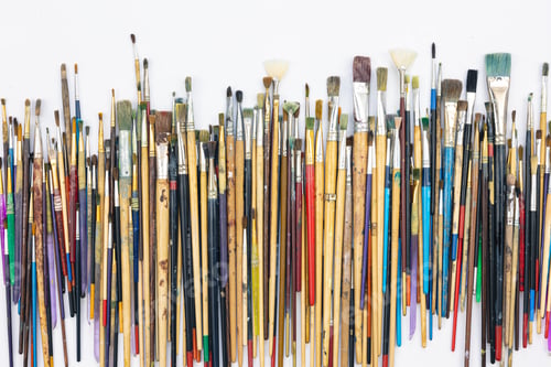 Preview: Many brushes for painting on a white background, top view.