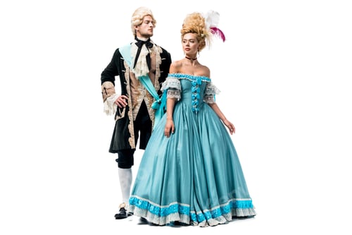 Preview: attractive victorian woman in blue dress near handsome man with hand on hip isolated on white