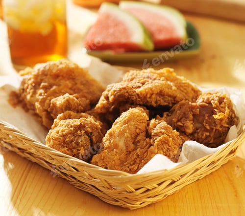 Preview: basket of fried chicken with sweet tea and watermelon