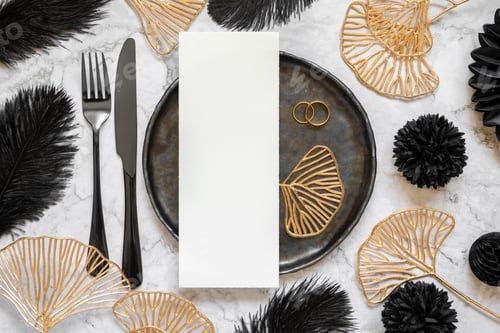 Preview: Black and golden wedding table setting with a blank card and rings top view, mockup