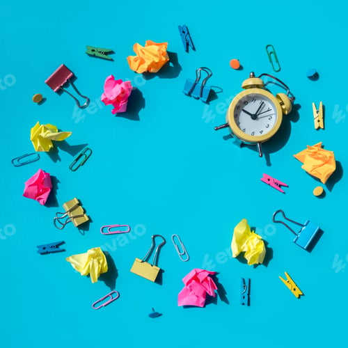 Preview: Empty frame border of school stationery supplies with alarm clock. Copy space for your text or