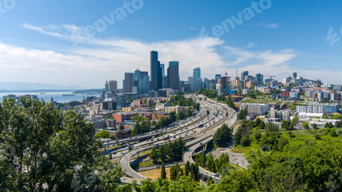 Preview: Aerial view of the Seattle, WA skyline in June