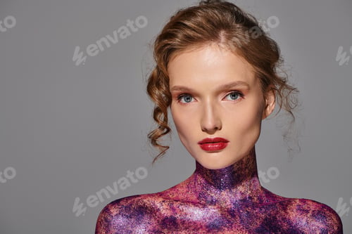 Preview: Enigmatic elegance: woman in purple with red lips