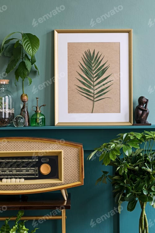 Preview: Interior design of living room with mock up photo frame on the green shelf.