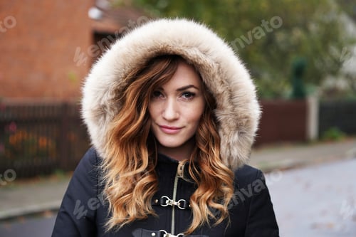 Preview: Woman With Fur Hooded Coat Smiling Outdoors