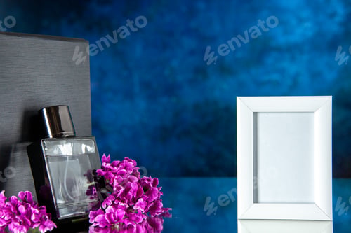 Preview: front view black fragnance with picture frame on a blue background portrait color flower gift