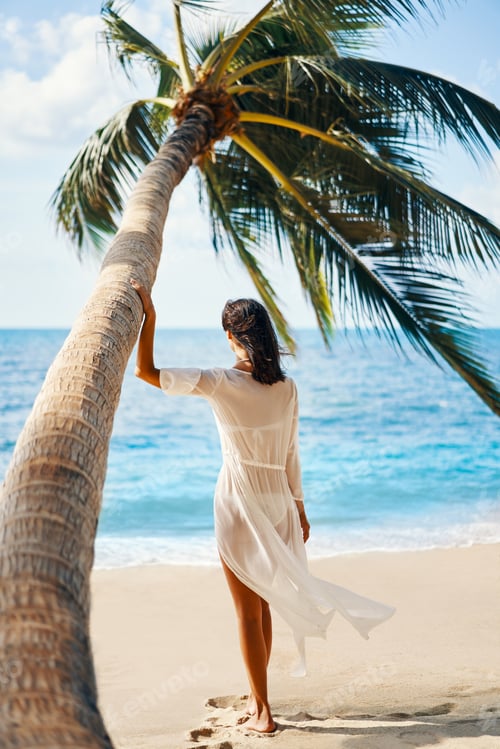 Preview: Back view of pretty young woman relax and enjoy sea standing under palm tree on tropical beach
