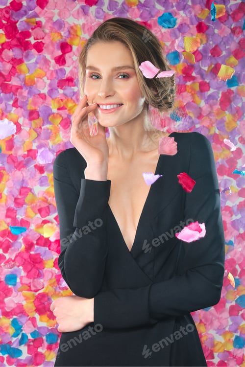 Preview: Rose petals falling down to cute young lady in dress with deep cut